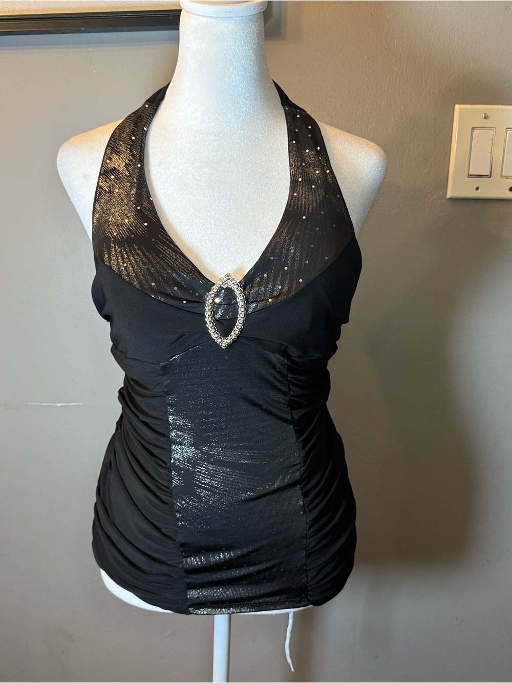 Black Halter Ruched Tank with Rhinestone Accent